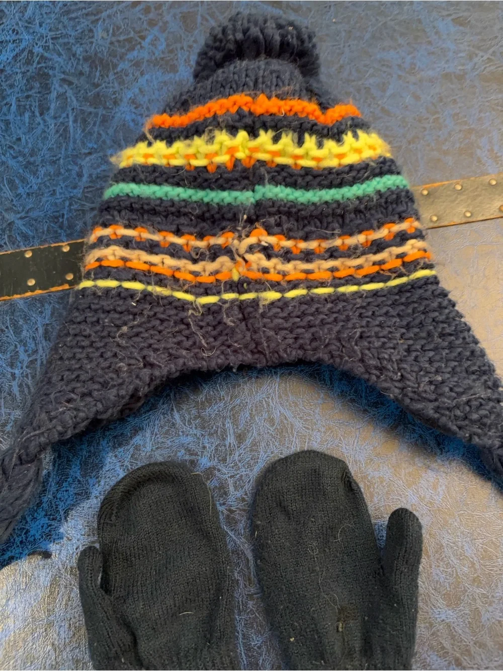 Children's Navy Knit Earflap Hat with Colorful Stripes & Matching Black Mittens